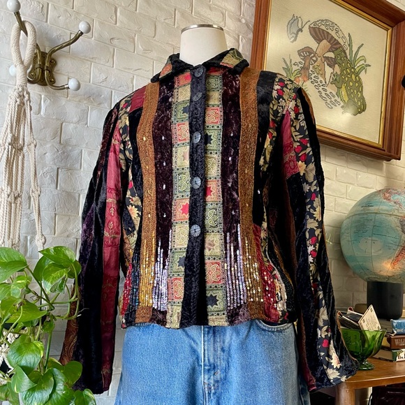 Vintage Jackets & Blazers - Vintage Coldwater Creek Boho Hippie Velvet Tapestry Jacket with Sequin Detail